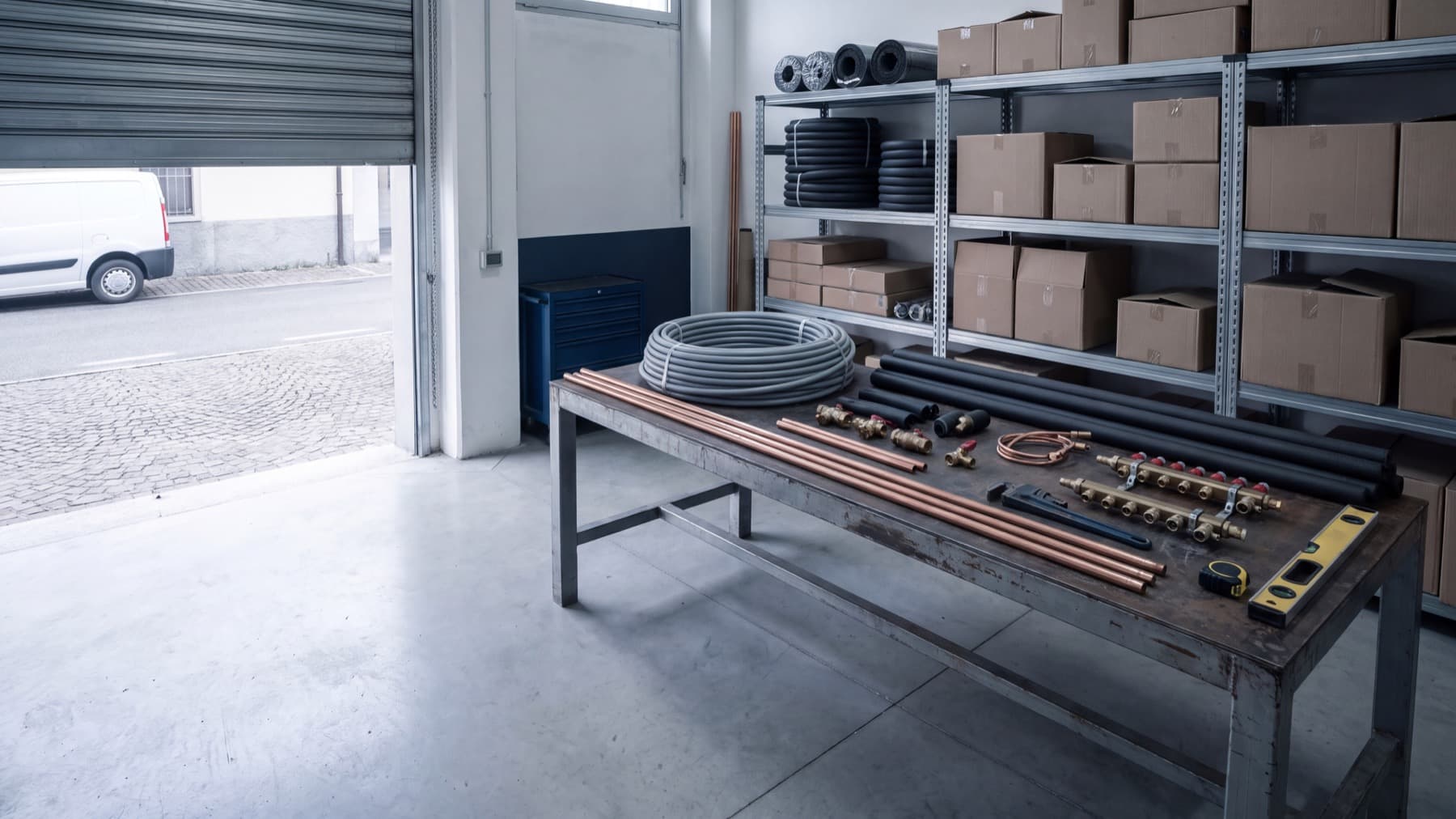 Il banco di lavoro e il materiale in deposito